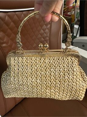 Woven Straw Frame Clutch in Natural with Gold Hardware